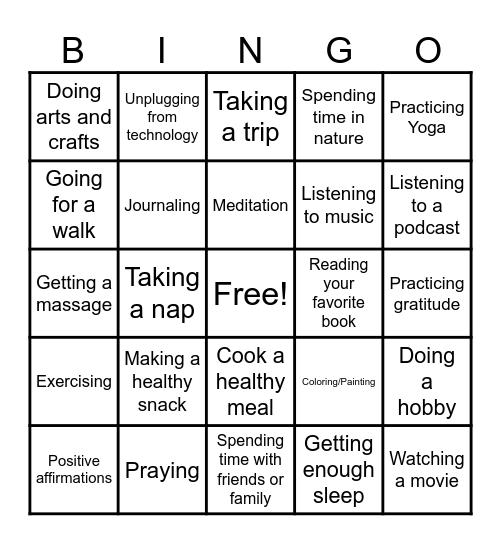 Self Care Bingo Card