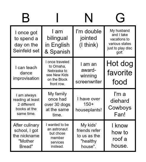 Members Services Fun Facts! Bingo Card