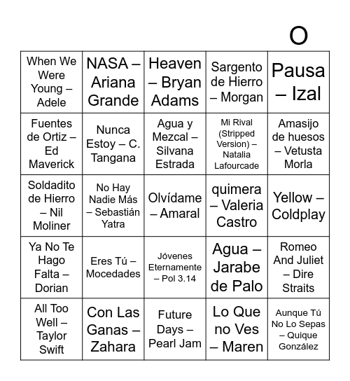 Bingo musical, Maribel's 50!! Bingo Card