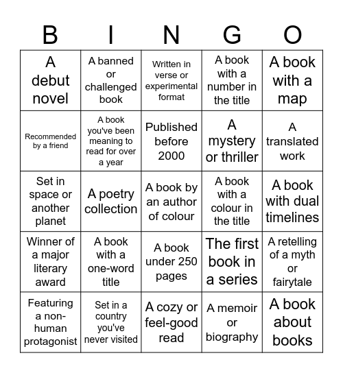 Reading Challenge Bingo Card
