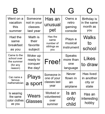 High School Classmate Bingo Card