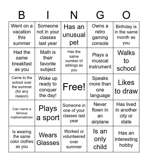 High School Classmate Bingo Card