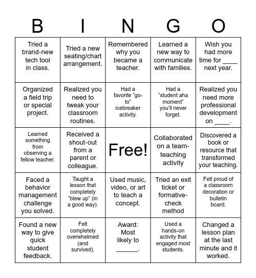 EOY Reflection Bingo Card