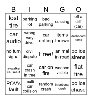car crash bingo Card