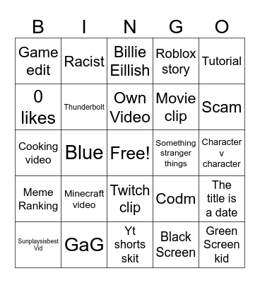 YouTube shorts Bingo Card