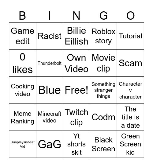 YouTube shorts Bingo Card