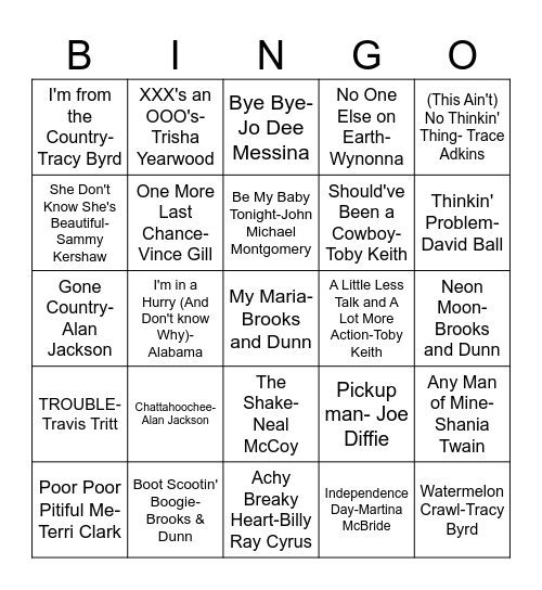 JUKEBOX BINGO-90'S COUNTRY Bingo Card