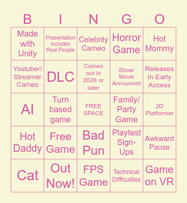Game Announcements Bingo Card