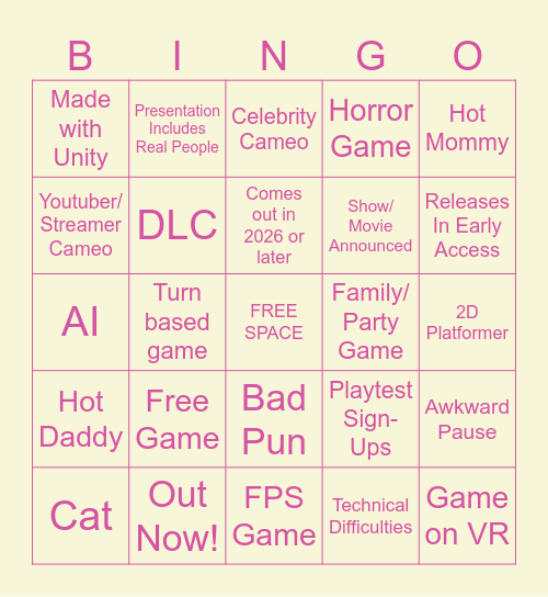 Game Announcements Bingo Card