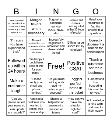 Customer Service Bingo! Bingo Card