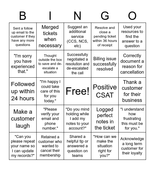 Customer Service Bingo! Bingo Card