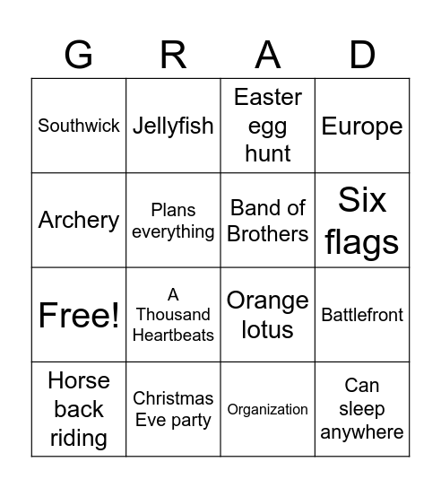 Nicoles Graduation Bingo Card