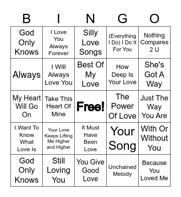 Romantic Songs Bingo Card