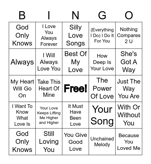 Romantic Songs Bingo Card