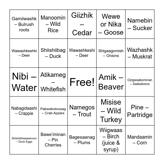 Traditional Food Bingo Card