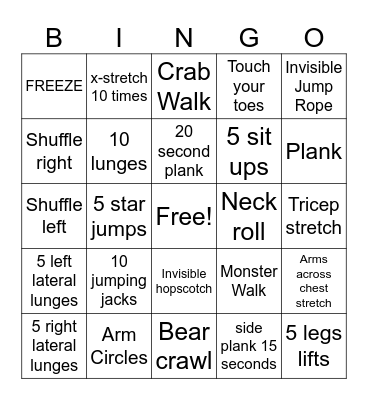 Fitness Bingo Card