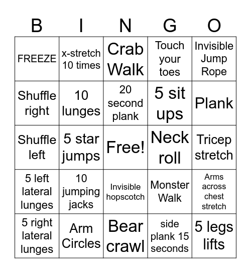 Fitness Bingo Card