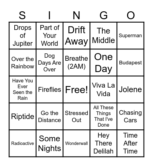 SINGO Bingo Card