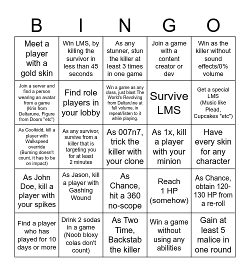 Forsaken Bingo Card
