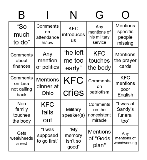 KFC Funeral Bingo Card