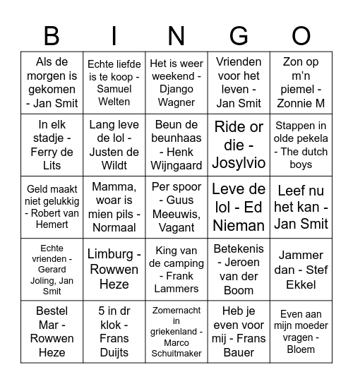 Muziek Bingo Card