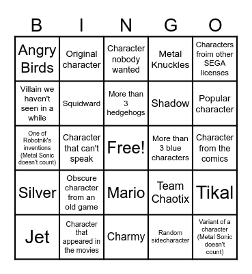 Sonic Racing Crossworlds Character Bingo Card