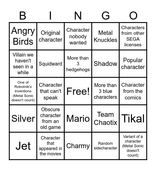 Sonic Racing Crossworlds Character Bingo Card