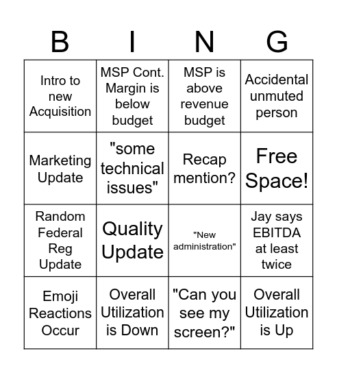 We Love Company Calls Bingo Card