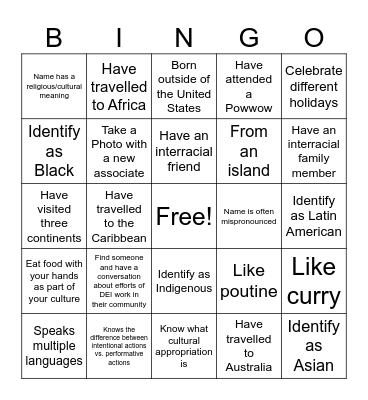 Cultural Diversity Bingo Card