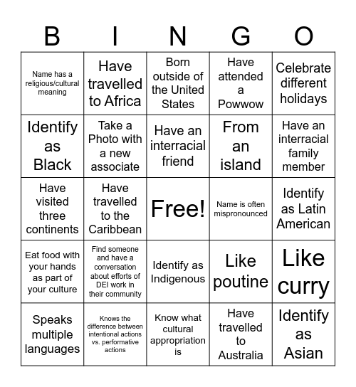 Cultural Diversity Bingo Card