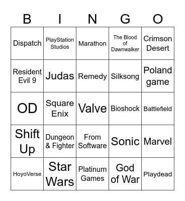 Summer Game Fest 2025 Bingo Card
