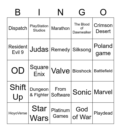 Summer Game Fest 2025 Bingo Card