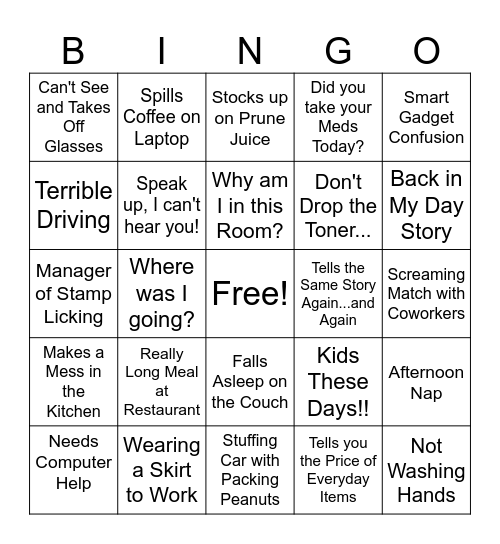 Todd's Over the Hill Bingo Game Bingo Card