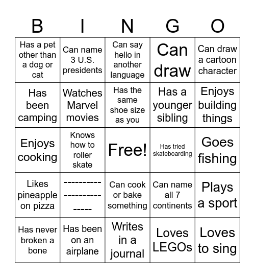 Middle School Human Bingo Card
