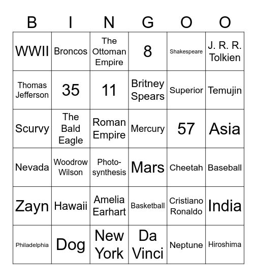TRIVIA Bingo Card