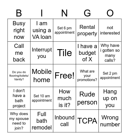 Call center bingo Card