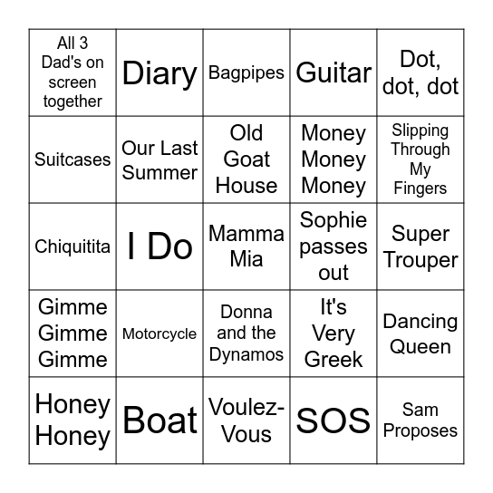 Mamma Mia Bingo Card