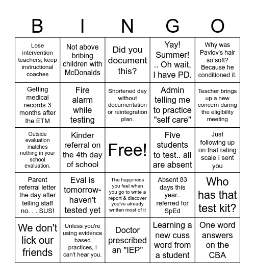 School Psychologist Bingo Card