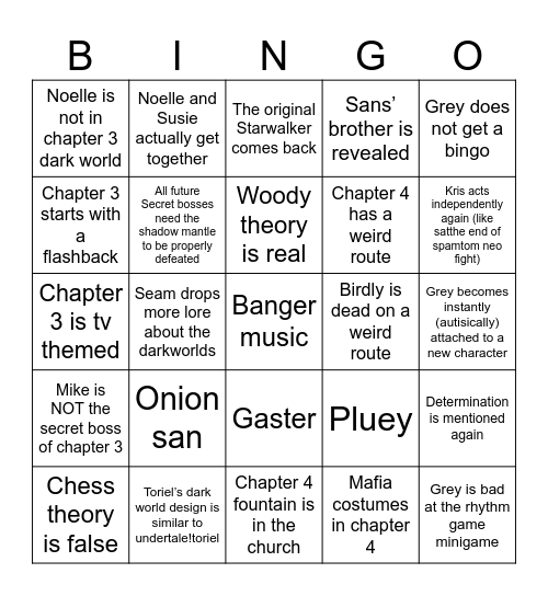 Deltarune Bingo Card