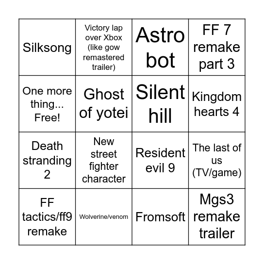 State of play mini bingo Card