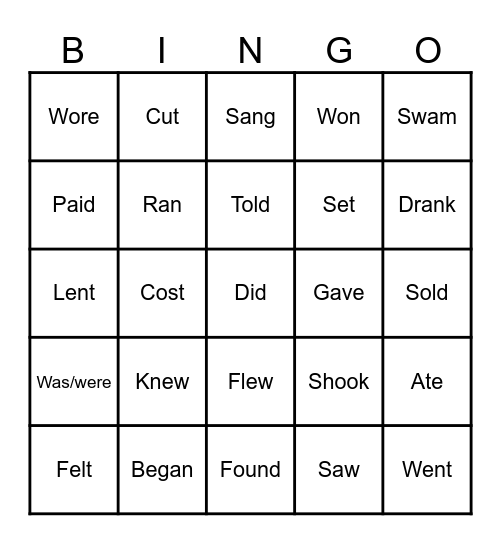 Irregular Verbs Bingo Card