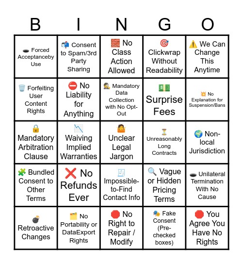 Consumer Protection Violation Bingo Card