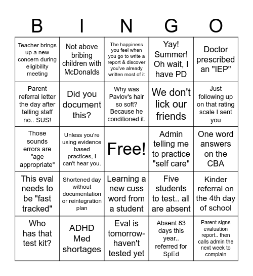 School Psychologist Bingo Card