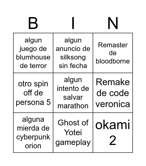 Blodborne remake Bingo Card