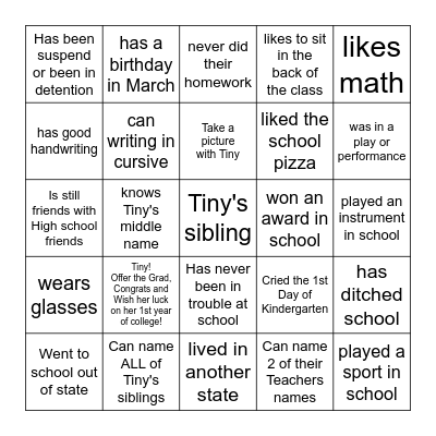 Tiny's Graduation Party Bingo Card