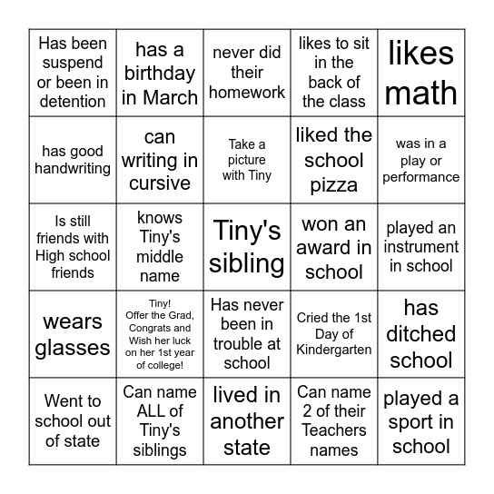 Tiny's Graduation Party Bingo Card