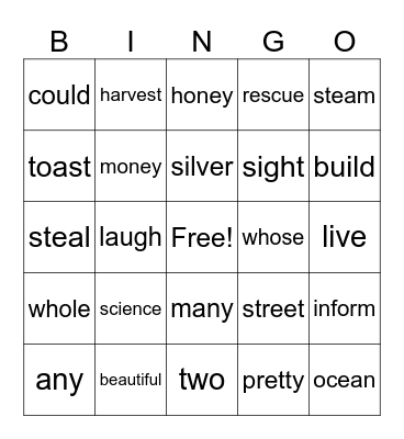 Irregular word BINGO Card