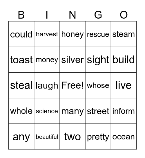 Irregular word BINGO Card