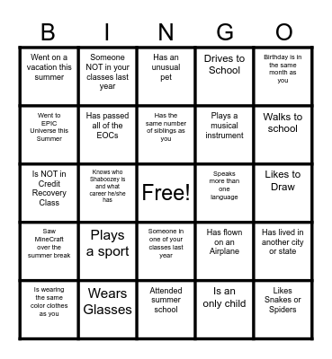 High School Classmate Bingo Card
