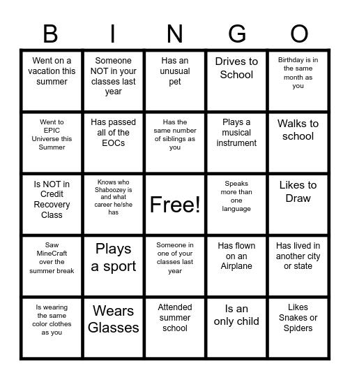 High School Classmate Bingo Card